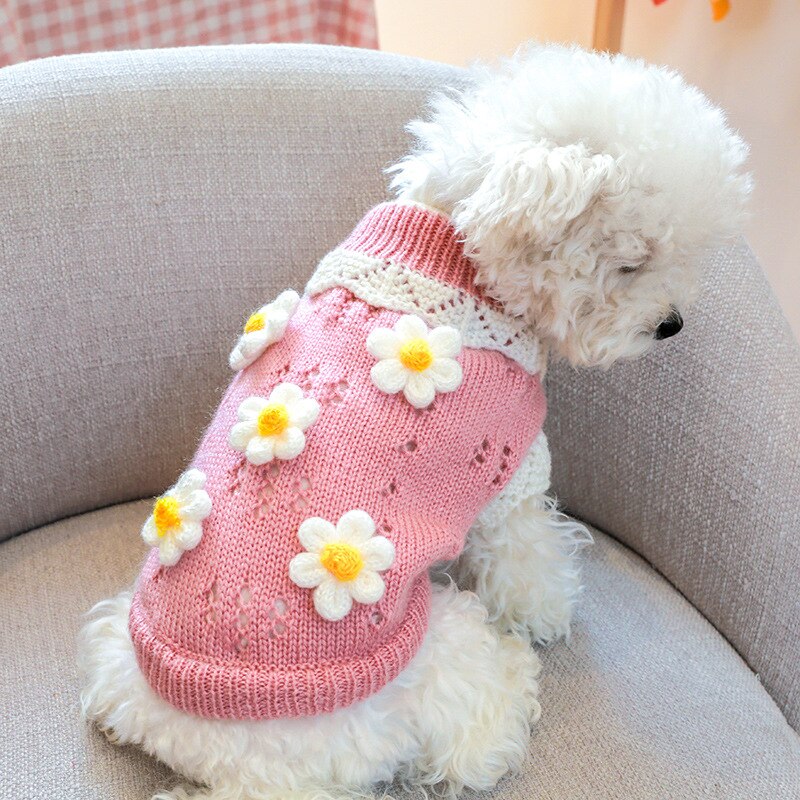 Pull à fleurs de marguerite pour chien, manteau d&#39;hiver en tricot, vêtement pour chat, yorkshire, Schnauzer, bouledogue français: pink / XS