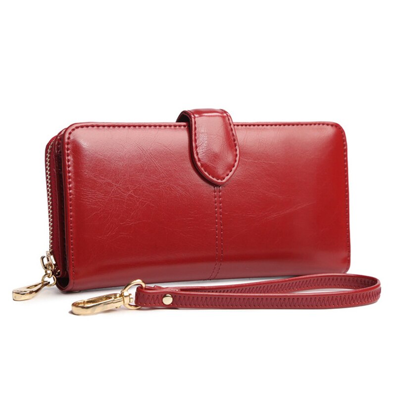 Women Oil Wax Leather Wallet Female Purses Big Capacity Zipper Purse Ladies Long Wristlet Clutch Coin Card Holder Wallet