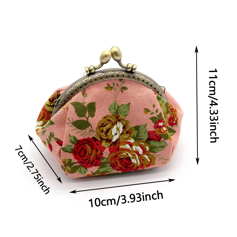 Women's vintage rose print canvas coin purse, kiss lock clip fabric purse card bag storage bag