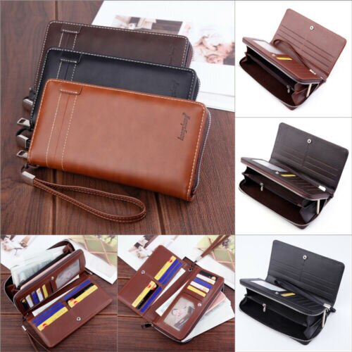 Herre lang læder bifold pung id-kortholder clutch checkhæfte taske smart pung mini slim kort pung punge til mænd