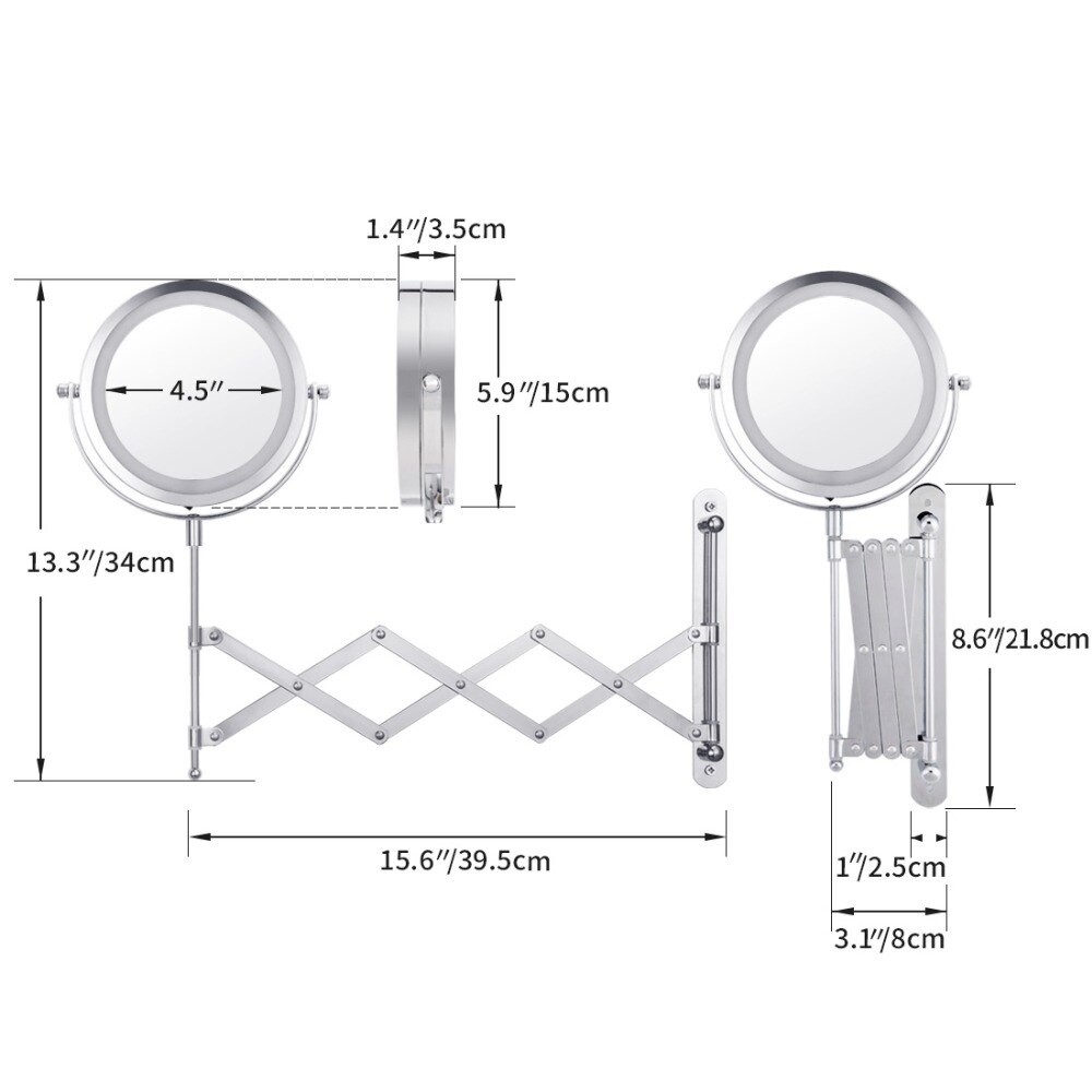 ANHO Bath Led Makeup Mirror 6 Inch 1X/5X Arm Magnification Wall Mounted Adjustable Cosmetic Mirror Dual Arm Extend 2-Face Mirror