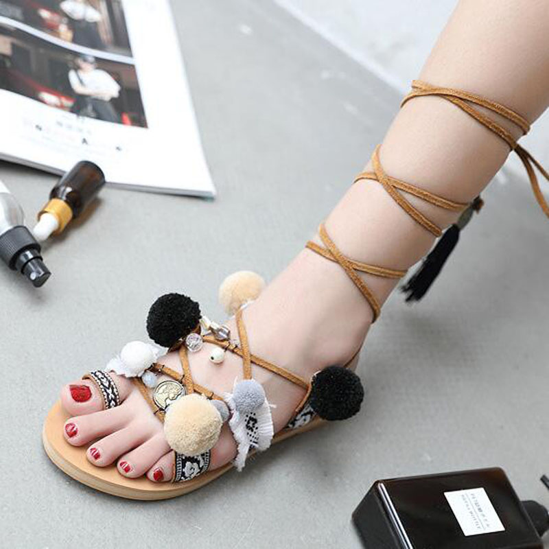 Pom Pom Gladiator Bohemia Sandals Women Lace up Knee High Flat Sandal Women Shoe Summer Apricot M999-17