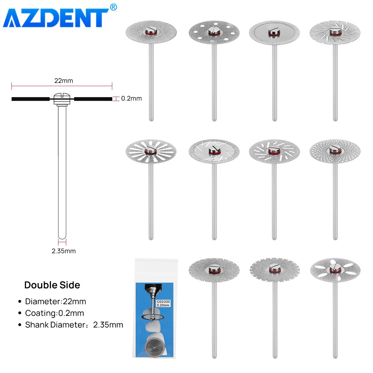 AZDENT 11 Sizes Dental Lab Diamond Disc 0.20mm Ultra-thin Double Side Grit Disk Cutting Tool Dia 22mm Polisher Dentistry Dentist