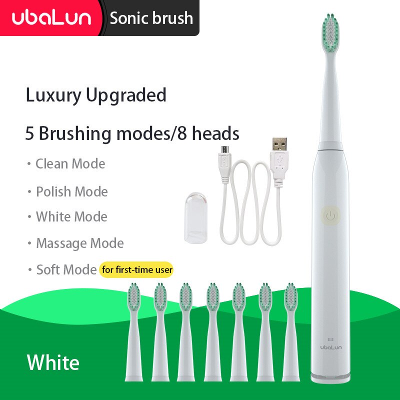 Sonic Toothbrush Vibrator Electric Toothbrushes Oral Care Adult Children Electric Toothbrush Ultrasonic Tooth Brush: 5 modes 8 head White