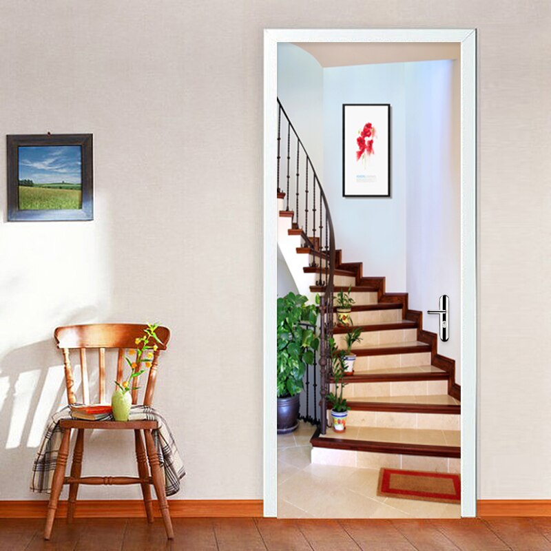 3D Wall Door Sticker Modern Spatial Expansion Stairs Wallpaper PVC Self-Adhesive Waterproof 3D Door Murals Home Decals