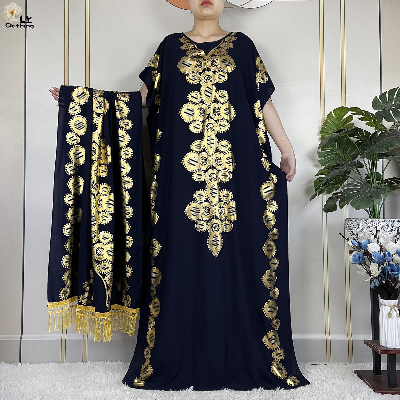 Stijl Afrikaanse Abaya Zomer Korte Mouw Losse Jurk Katoenen Moslim Maxi Femme Jurk Met Grote Sjaal Dubai Islam Casual Gewaad: Blauw