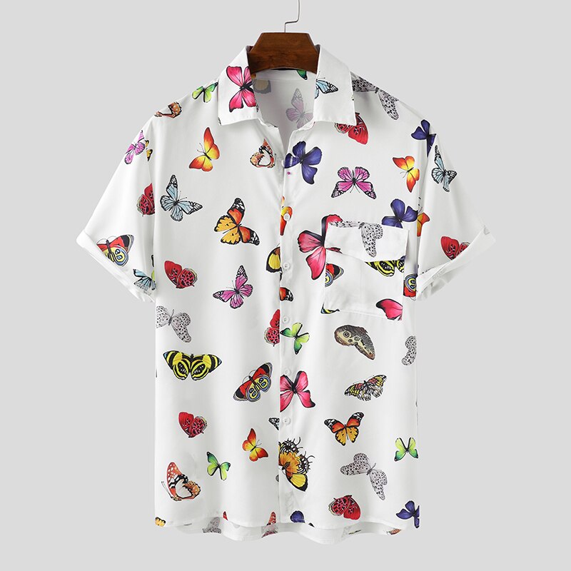 INCERUN homme motif papillon imprimé chemise été hommes manches courtes revers chemises décontractées amples confortable Blusas Hombre hauts 3XL: White / XL
