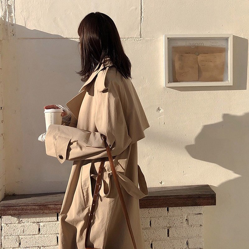 Trench-coat croisé pour femme avec ceinture, coupe-vent ample et long, vêtement d'extérieur chic pour femme, style coréen, collection printemps fy