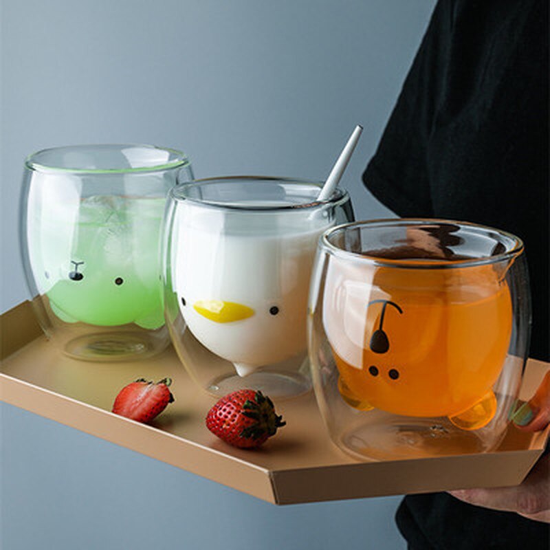 Tazas de Oso de Cristal con aislamiento de doble pared para niños y adultos, taza de café gruesa, 280ml