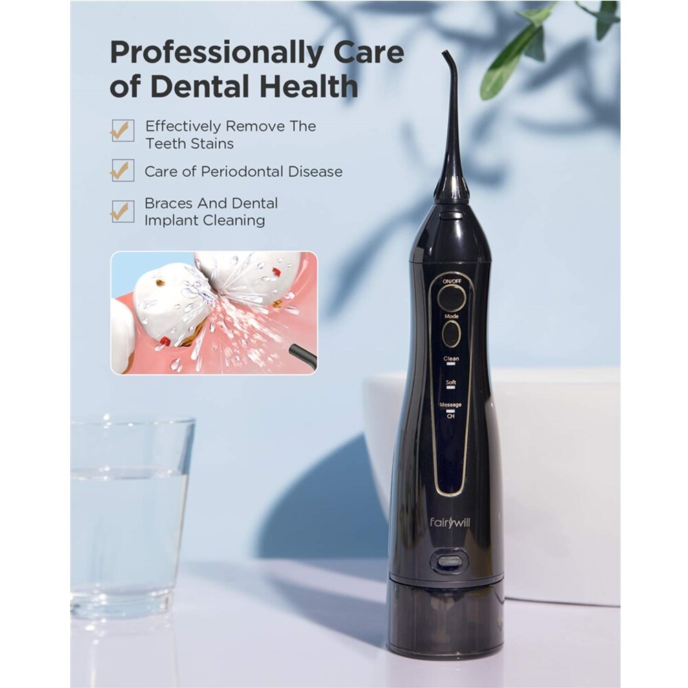 Fairywill Water Flossers szczoteczka do zębów 5020E-E11 USB akumulator przenośny IPX7 wodoodporny 3 tryby 300ML odpinany zbiornik na wodę