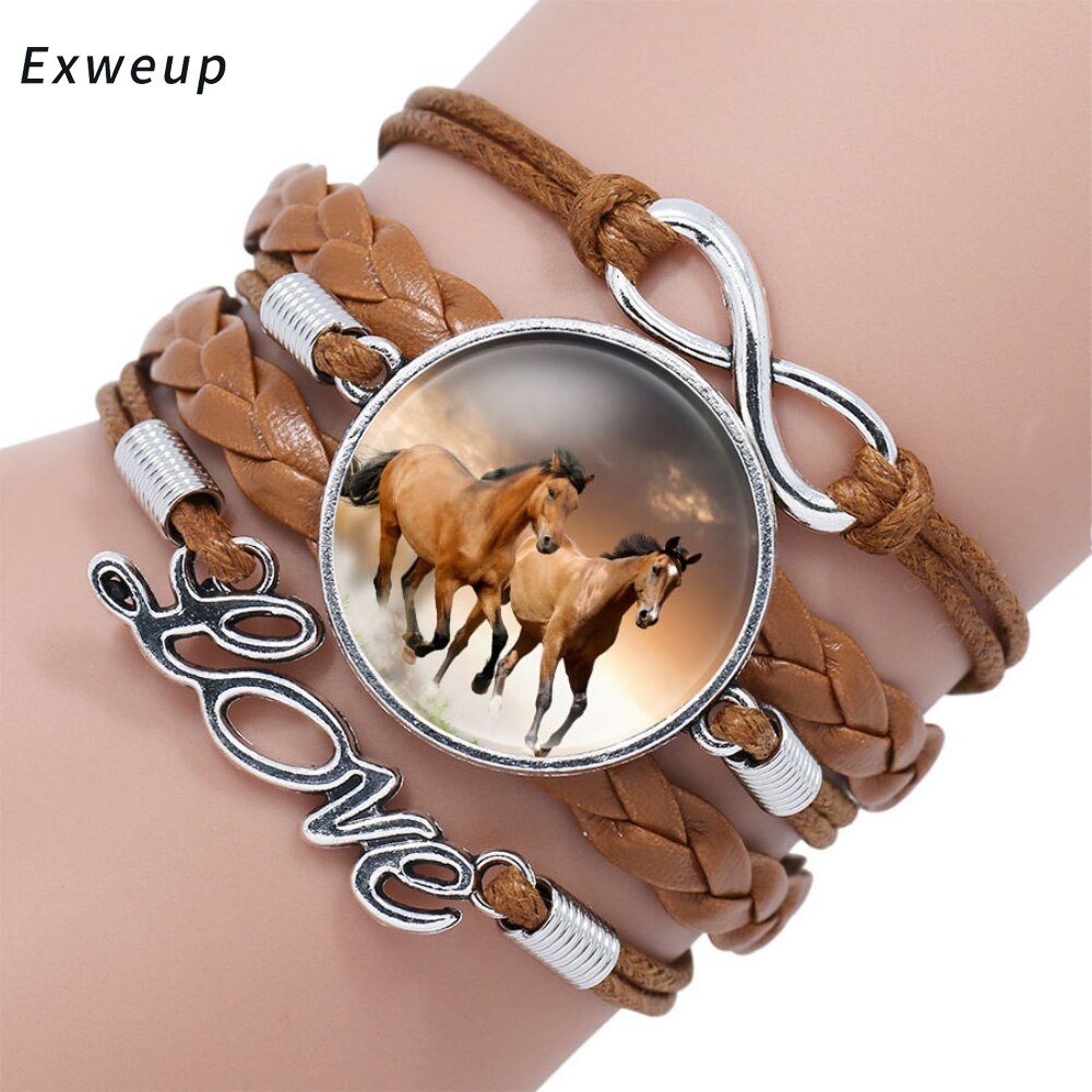 Exweup Vintage Horse Pattern Black Leather Bracelets Bangles Love letter Crystal Gem stone Bracelets Women Bangle Wristbands