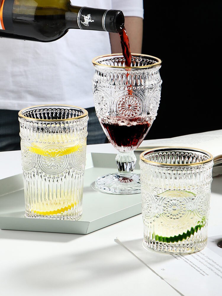 Tableware Crystal Whiskey Glass Cup Relief Glass Cup Juice Cup With Gloden Edge Thickened Water Cup Wine Cup Glass Party Use