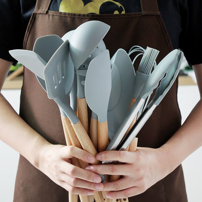 Silicone Cooking Utensils Kitchen Utensil Set Non-stick Heat Resistant Silicone,Cookware with Wooden Handle
