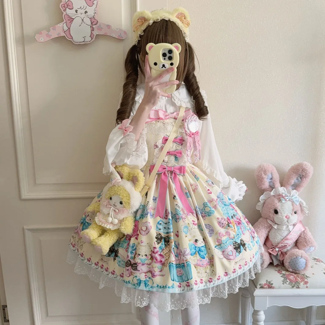 Original Japanese Lolita Suspender Dress Jsk Summer Female Sweet Cute Bow Bear Print Princess Tea Party Dress Loli Lo Dress