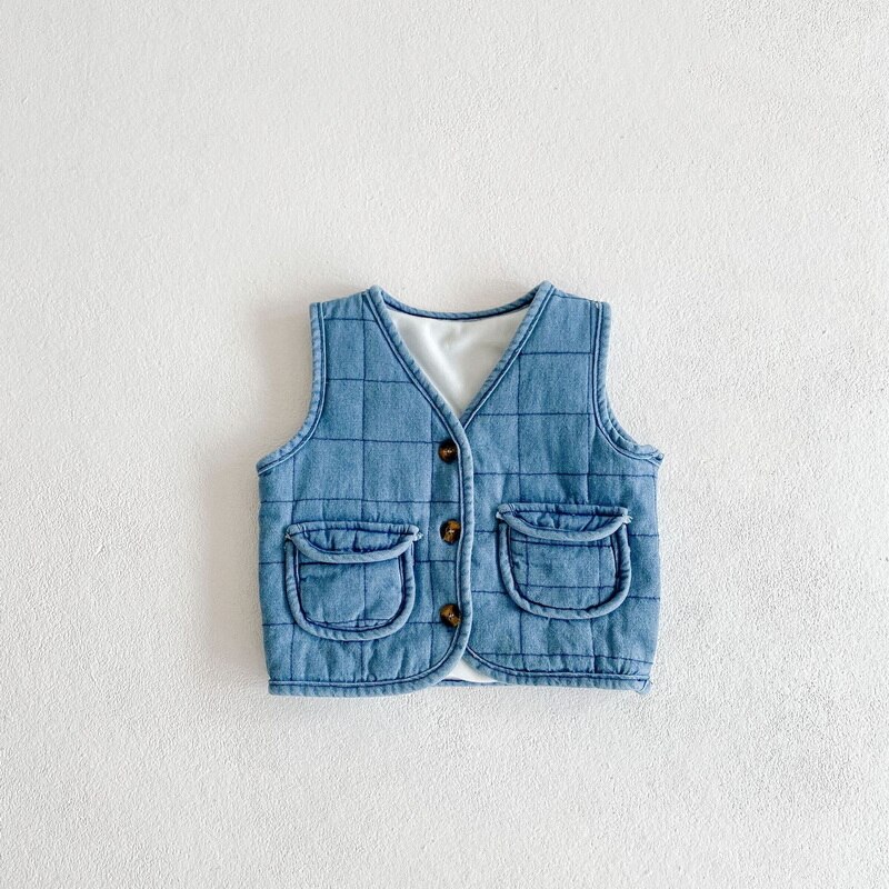 Winter Meisjes Jongens Vest Blauw Denim Mouwloze Single Breasted Button Pocket Wol Fleece Vesten Kids Dikke Jas E5007: dark blue / 73cm 6-12Months