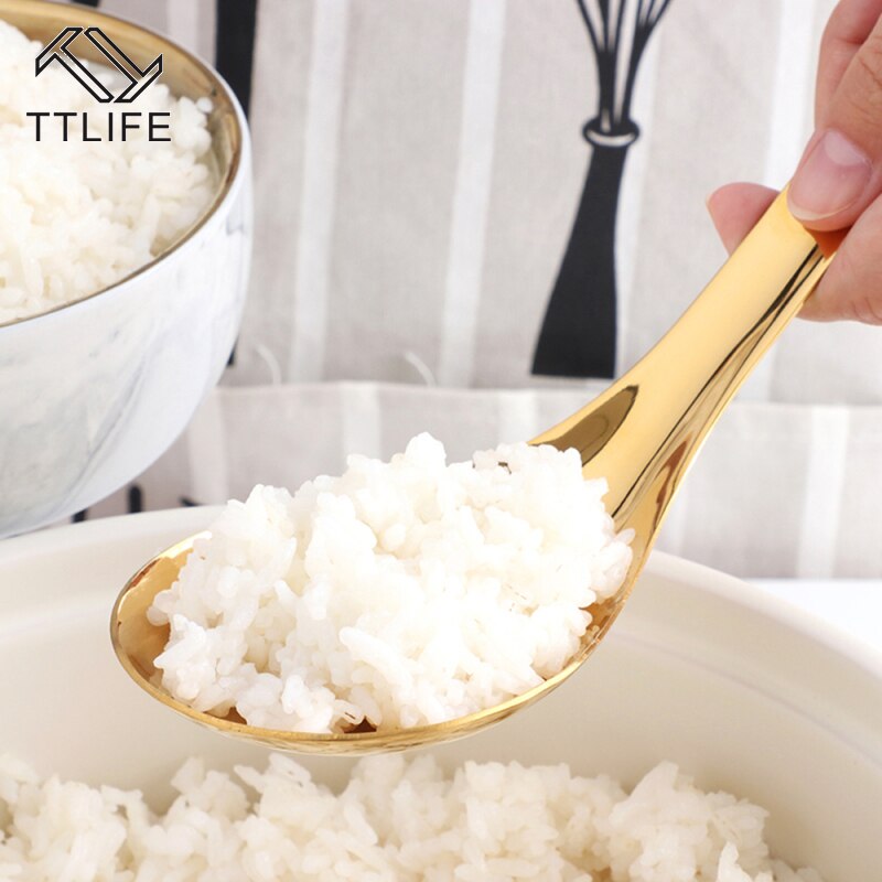Ttlife 1pc ris serveringsske rustfrit stål langt håndtag suppe grød ris scoop guld bordservice ske køkkenudstyr