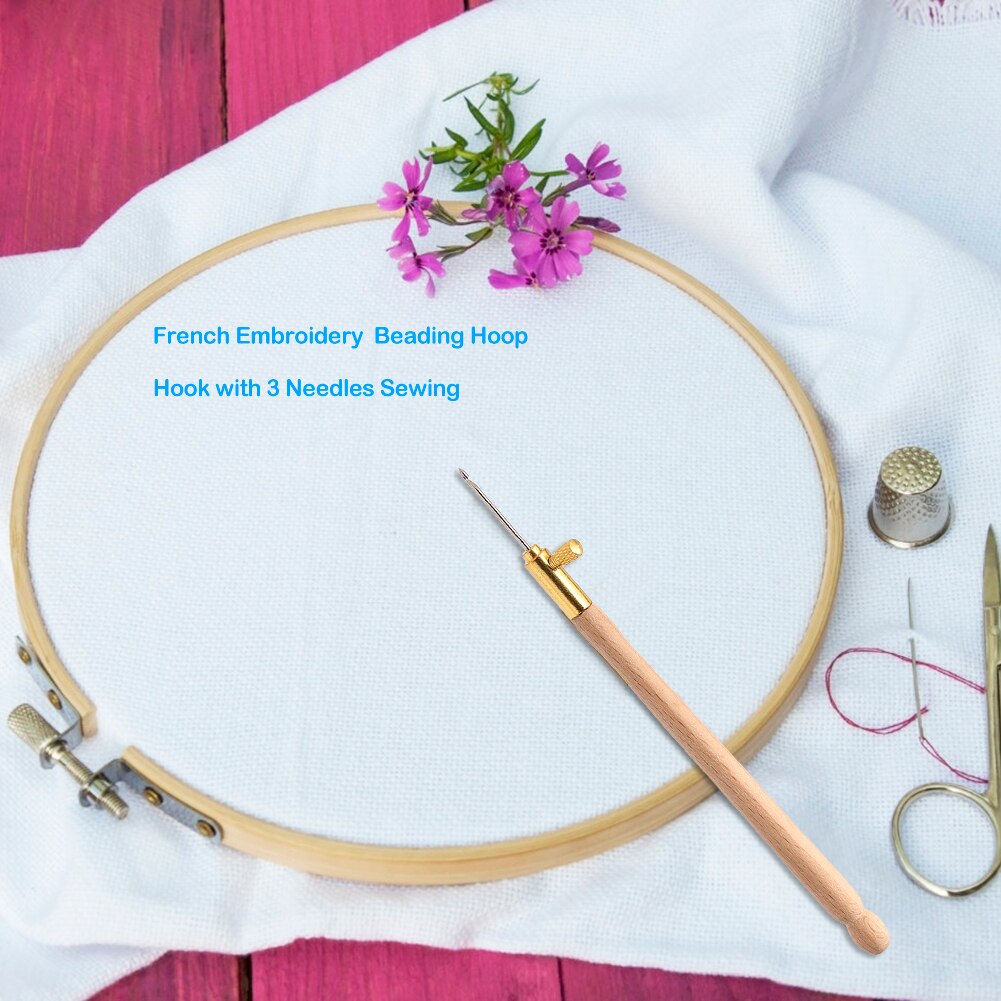 Embroidery Wooden Handle Crochet Hook with 3 Needles French Crochet Embroidery Beading Hoop Sewing Tool Set DIY Craft