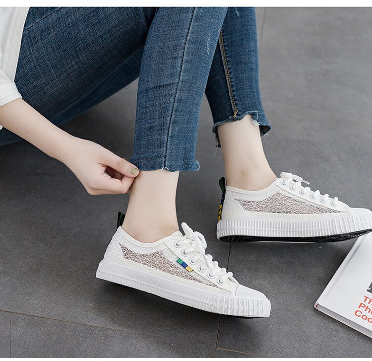 summer breathable canvas shoes women's hollow Paragraph letter flat shoes Women's shoes wild sneakers women