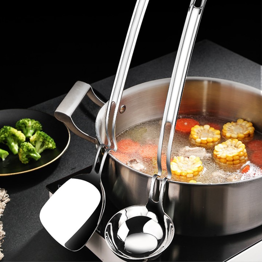 Stainless Steel Hanging Ladle with Unique Curved Handles pot soup spoon thickening Side Rest Ladle 13 inches