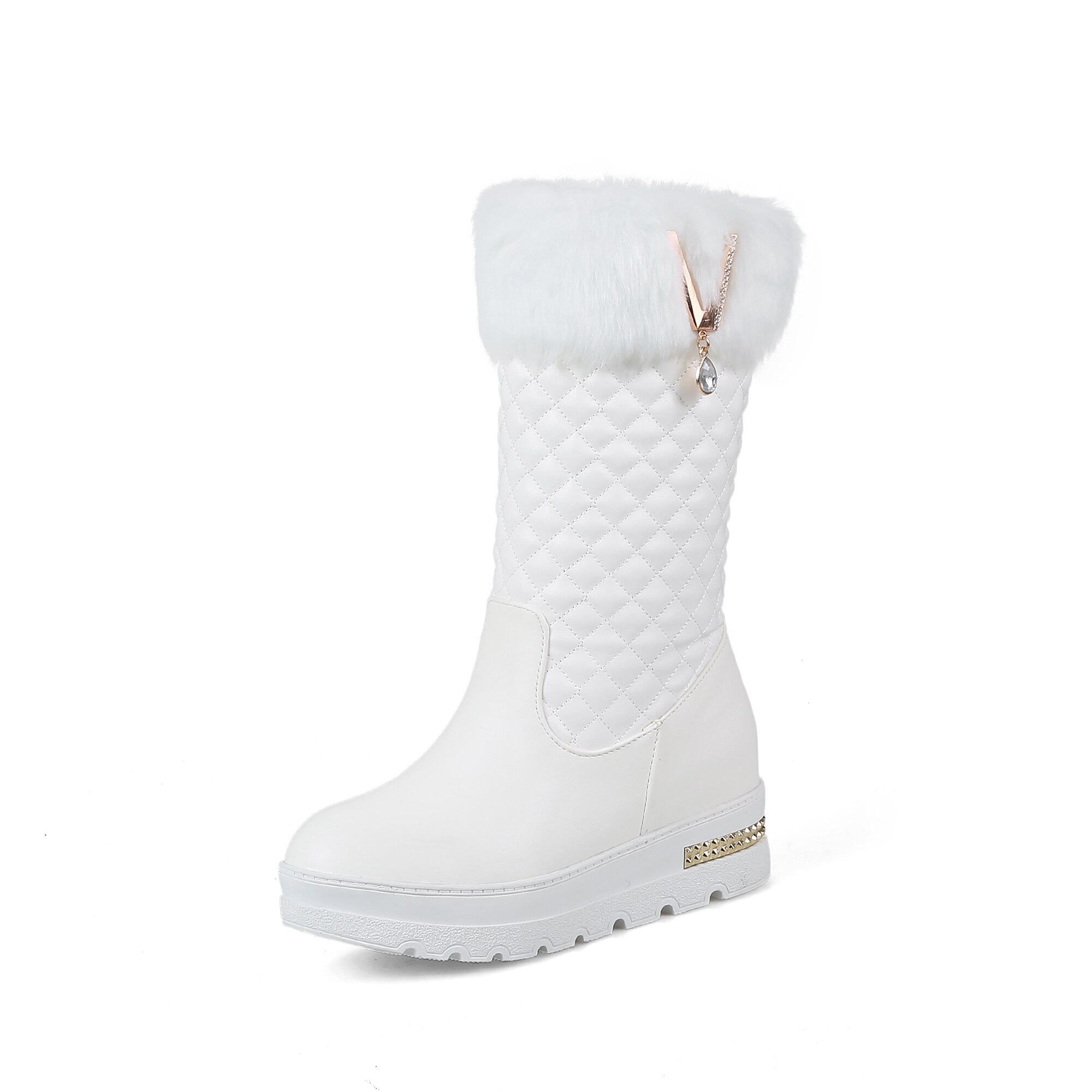 Bottes de neige avec strass pour femme, chaussures chaudes en fourrure épaisse, mi-mollet, , k879: WHITE / 4.5