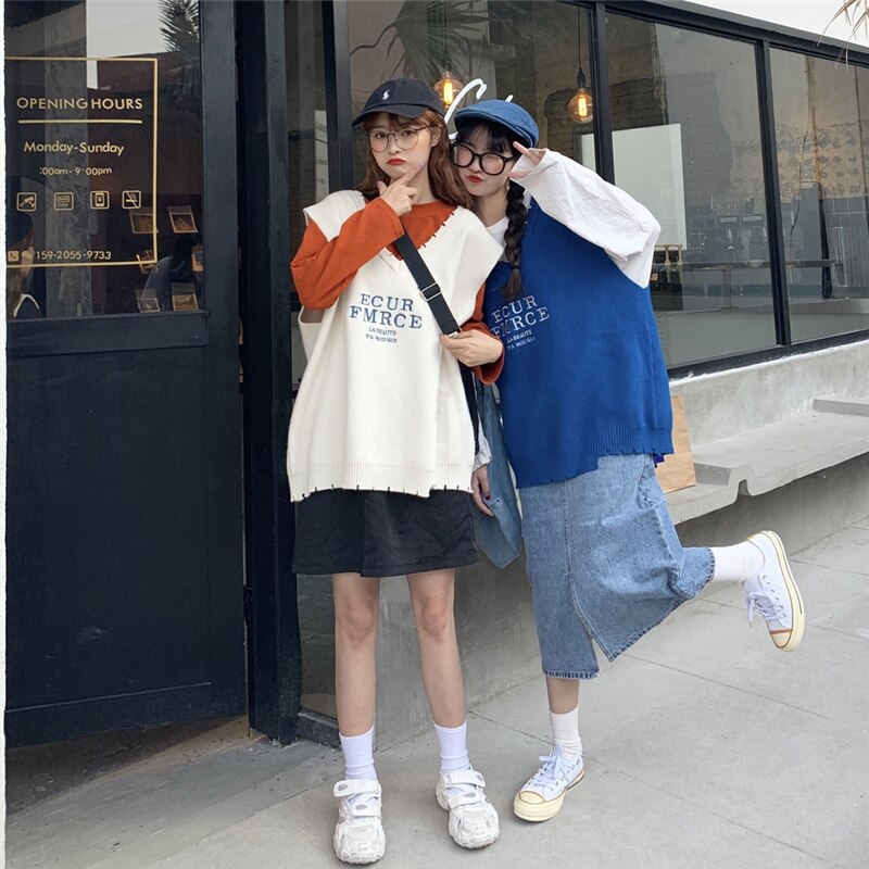 Blå bogstav oversize strik veste kvinder efterår koreansk stil v-hals løs sweater veste kvindelige csual streetwear veste