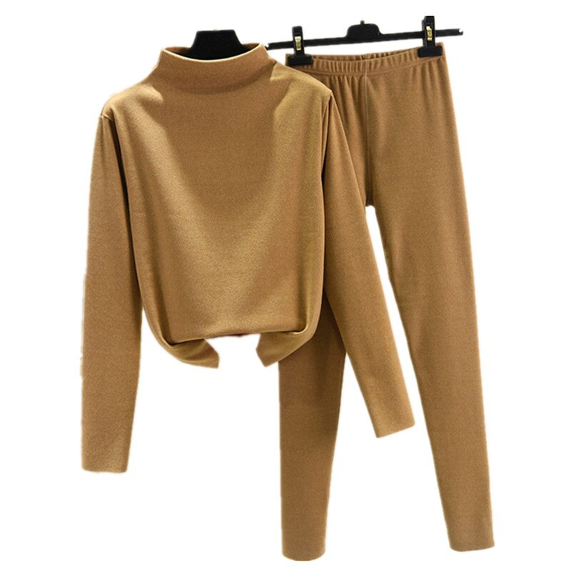 femmes col roulé longs Johns hiver Vevet pyjamas ensemble automne maison vêtements femme sous-vêtement thermique: Kaki / XXL fit (70-80)kg