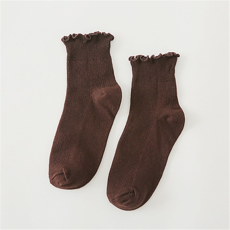 RMSWEETYIL Women Ruffle Frilly Socks Cute Lace Lettuce Kawaii Casual Solid Color Ladies Cotton Knit Ankle Low Cut Dress Sock: Socks 02
