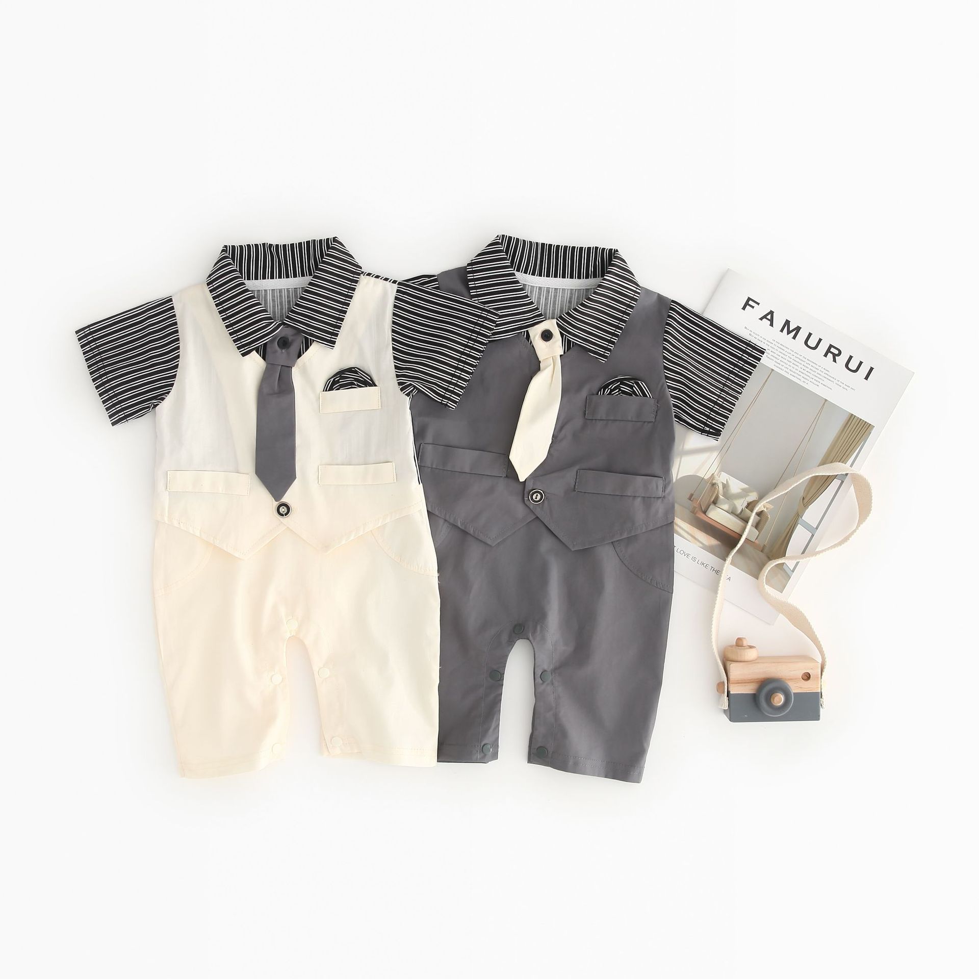 Kids Jongens Gentleman Outfit Past 0-18M Baby Een Stuk Korte Mouw Baby Tie Gestreepte Formele Slijtage bruiloft Baby Boy Romper Oneise