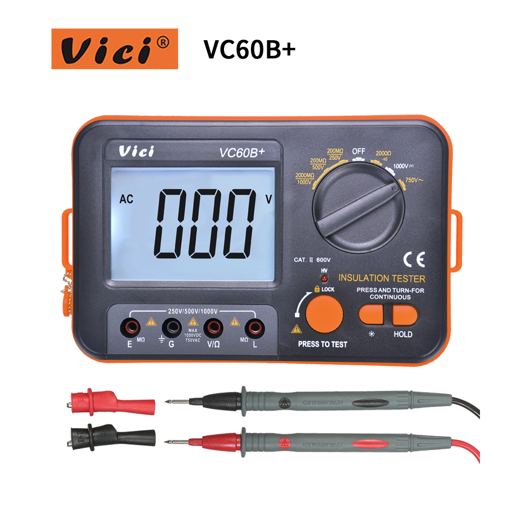 VICI VC60B+ Digital Insulation Resistance Tester LCD 1000V Megger Insulation 0-2000M Ohm High Voltage Short Circuit Input Alarm