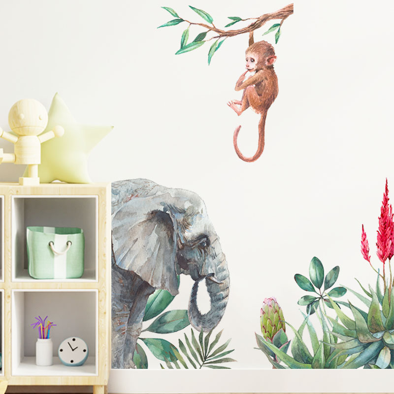 Cartoon Monkey Elephant Wall Sticker Kids Baby Room Background Home Decoration Mural Wall Edge Bedroom Wallpaper Animal Stickers