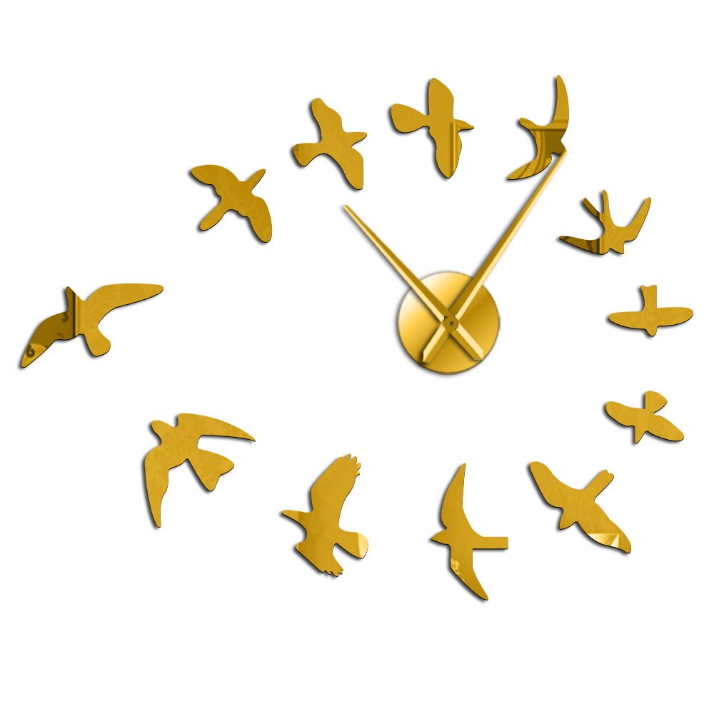 Frameless DIY Large Clock Wall Watch Nature Room Decor Mirror Decorative Flock of Flying Birds Modern Fashionable Luxury: Gold / 37 Inch