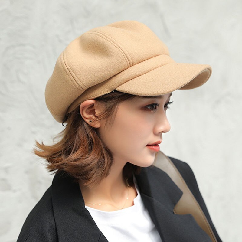 Efterår og vinter ren uld ottekantet hat pige newboy kasket fritid hat: Khaki
