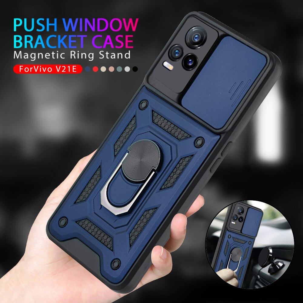 Stoßfest Stand Ring Fall Für VIVO V21e 4G Push Pull Kamera Schutz Telefon Zurück Abdeckung Shell Fundas Für VI VO V 21e 21 e 6.44&quot;
