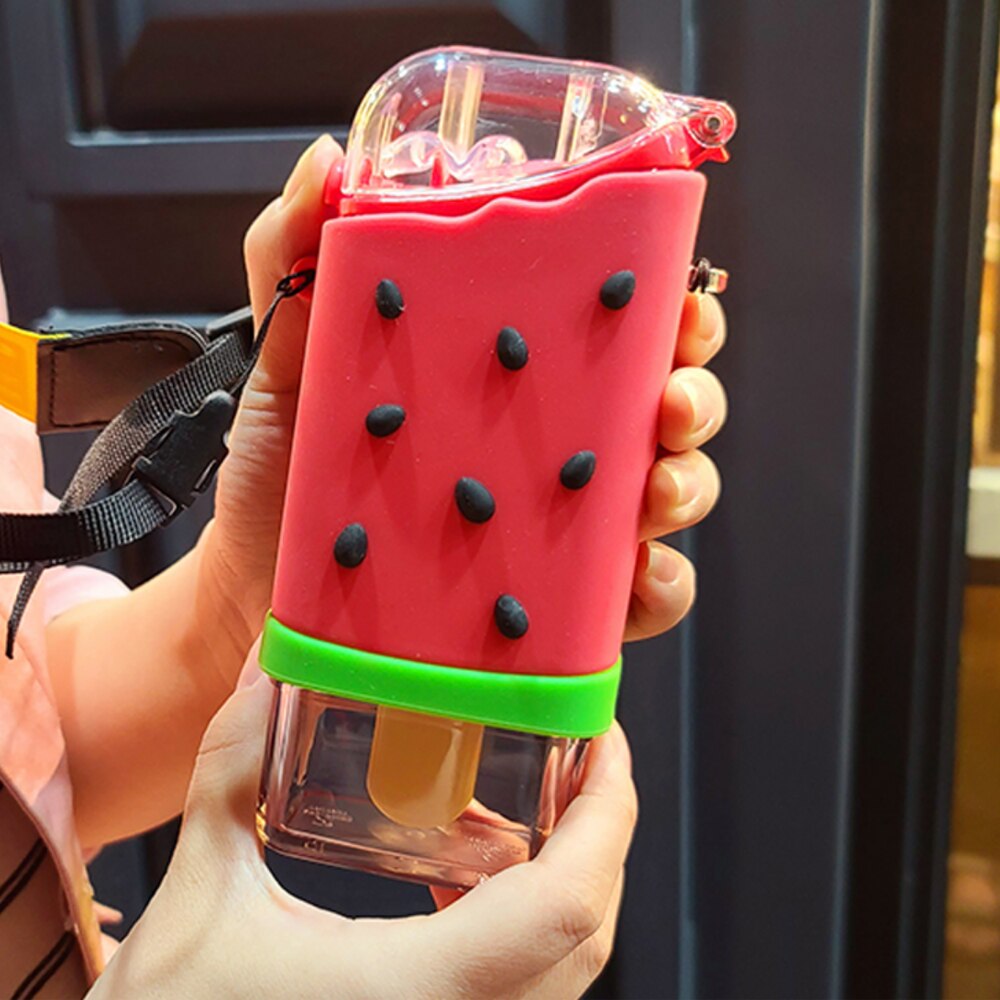 Summer Cute Donut Ice Cream Water Bottle With Straw Square Watermelon Cup Portable Leakproof Tritan Bottle BPA Free: watermelon