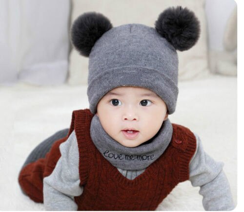 Vinter varme børn hatte sæt kid dobbelt pels pom pom beanie uld strikket hat til baby drenge piger toddler hæklede beanies tørklæder
