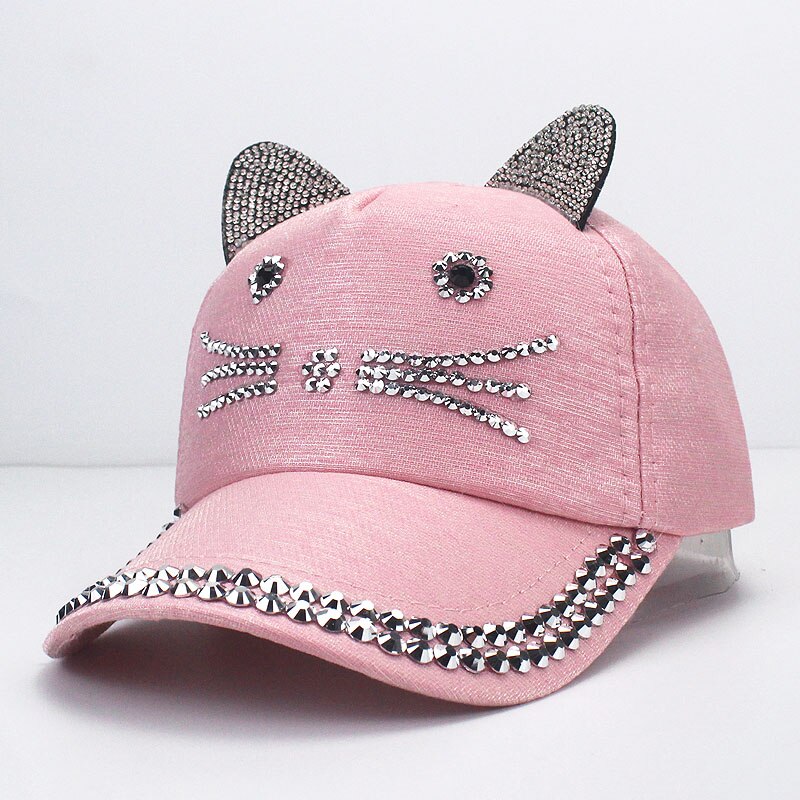 Gorra de béisbol ajustable con orejas de gato para niños, gorro con diamantes de imitación, perlas, ajustable, para primavera y verano: B