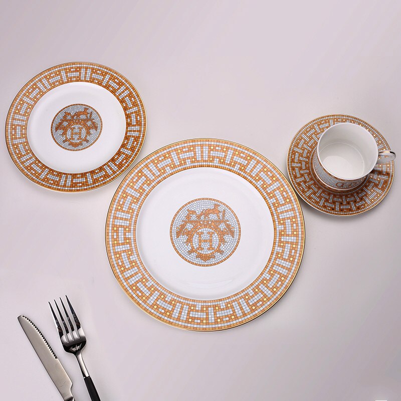 Ceramic Dinner Plates Geometric Pattern Ceramic Dish Dinner Plate Yellow Grid Dinnerware Set dessert plate dinnerware cake plate