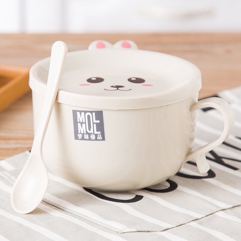 Stainless Steel Double Layer with Lid and Spoon Bowl Set Noodle Bowl Instant Noodle Bowl Anti-scalding Cute Rabbit Cutlery Set: Blue