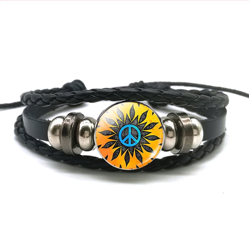 Peace Sign Hippie Style Men Women Black Rope Leather Bracelet Peace Symbol Charm Jewelry: size 2