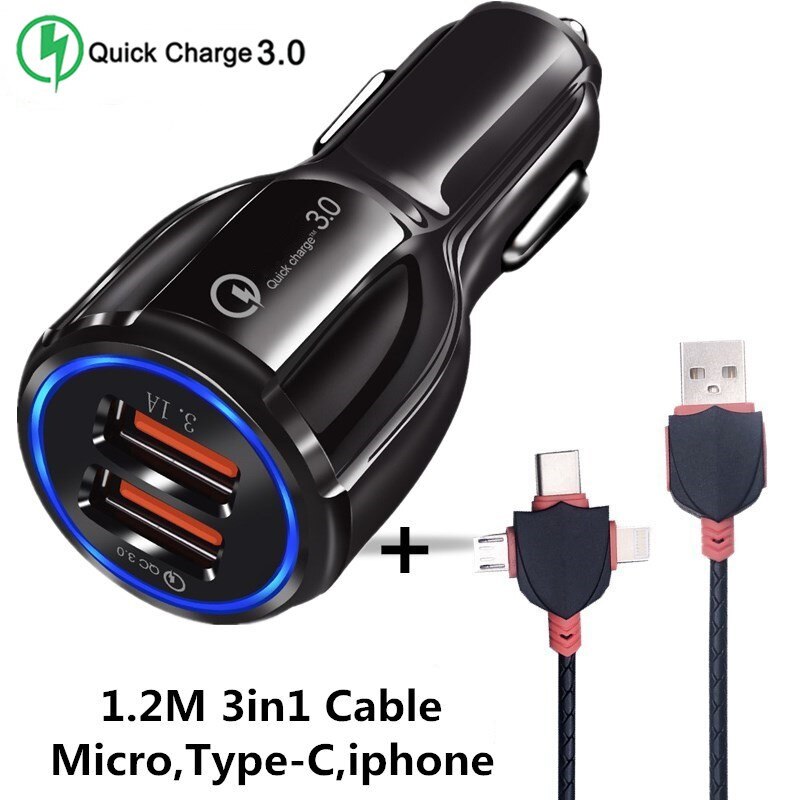 Goede 3.1A Auto Micro USB Charger Quick Charge 3.0 Mobiele Telefoon Oplader 2 3 Port USB Snelle Auto-oplader voor iphone ios Android Telefoon: Black 2USB and Cable