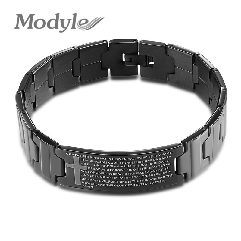 Modyle Men's Hand Chain Black Color Cross with Bible Verses Bracelet 16mm Wide Stainless Steel Bracelets For Man