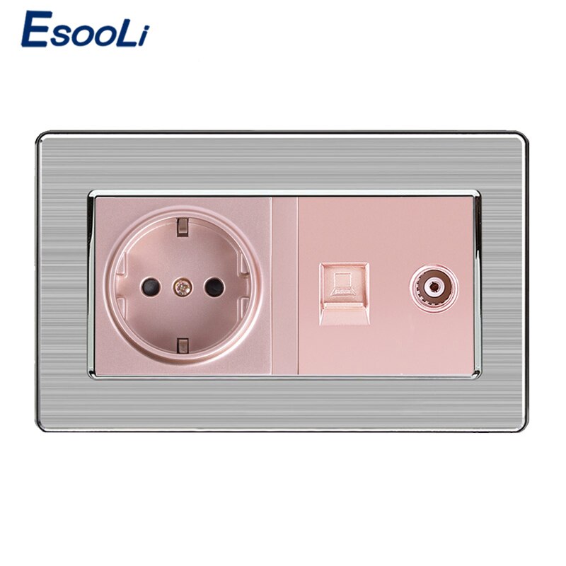 Esooli eu standard vægstik+hun tv-stik med internet computer data  rj45 kat 5e stik rustfrit stål børstet panel: Guld