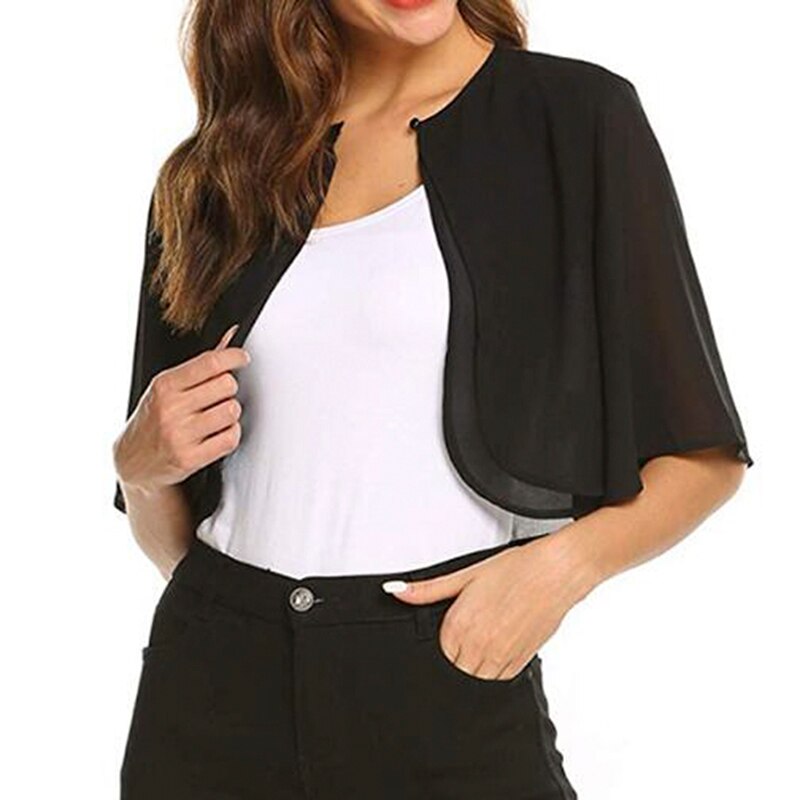 Womens Half Sleeve Layered Open Front Loose Sheer Bolero Chiffon Shrug Cardigan Top For Wedding Party Dress Capes Robe