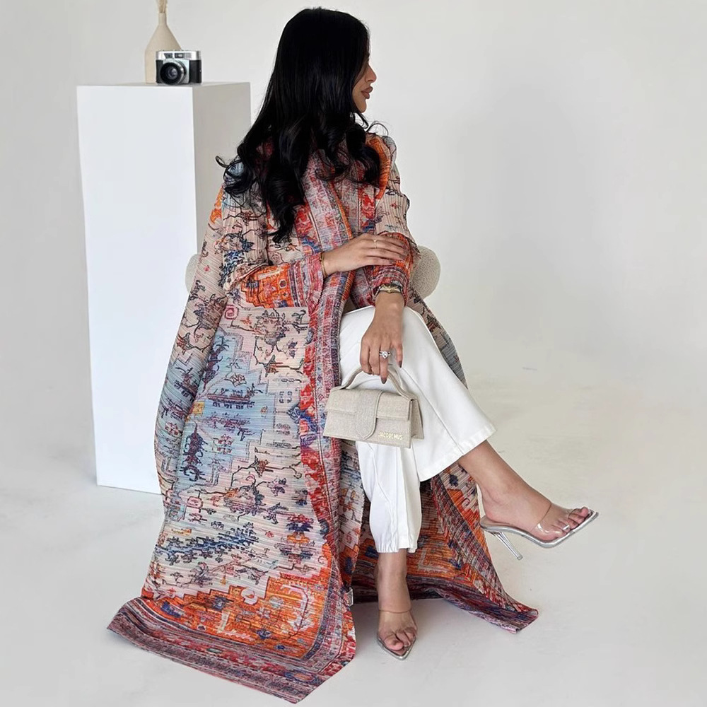 Abaya Miyake plissé imprimé Robe veste arabe dubaï Style femmes à manches longues conservateur recat musulman Trench Coat 55 pouces