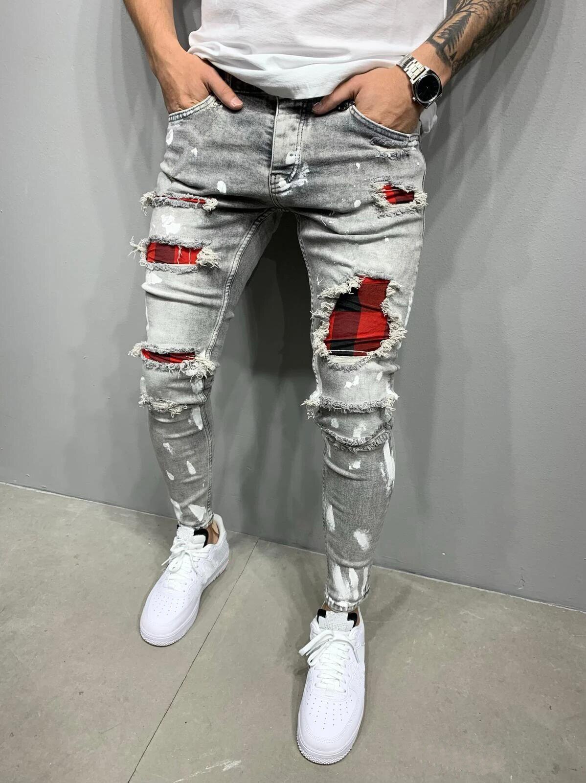 Menns bukser mote menn spijkerbroeken heren grå skinny stretch jeans broeken mannen trykt patch stretch patch jeans menn