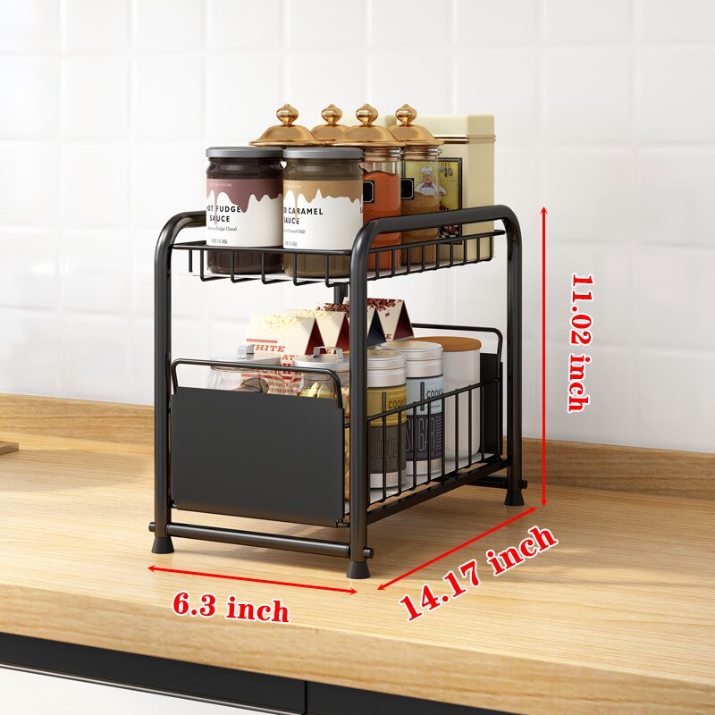 2-Tier Under Sink Cabinet Organizer with Sliding Storage Drawer Desktop Organizer for Kitchen Bathroom Countertop Rack Supplies: Black 1