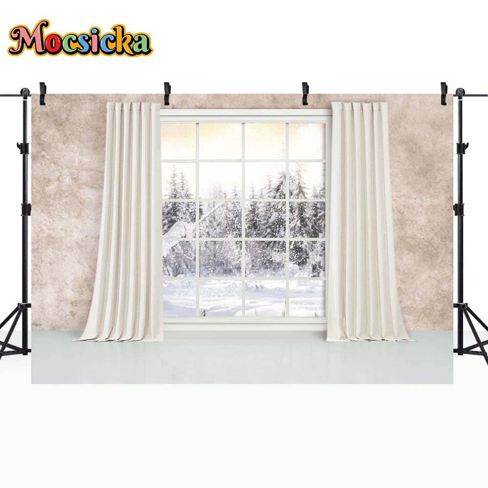 Mocsicka Christmas Curtain Window Photography Backdrop Winter Snow Scene Family Portrait Photo Background for Studio Photo Shoot: SKY BLUE / 350*600
