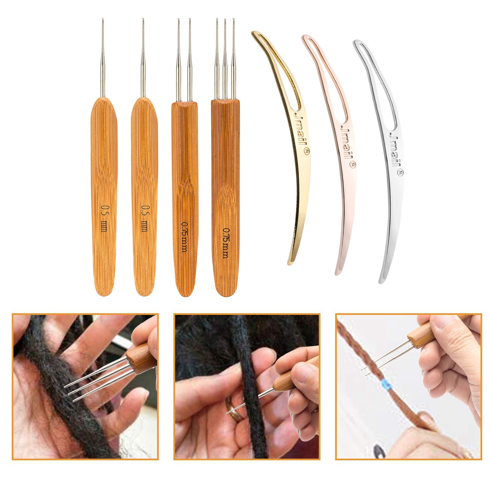 7 stk/sett profeesional dreadlock heklet bambus håndtak krok 0.5mm 0.75mm 1- kroker 2- kroker 3- kroker nål for dreads lås nål