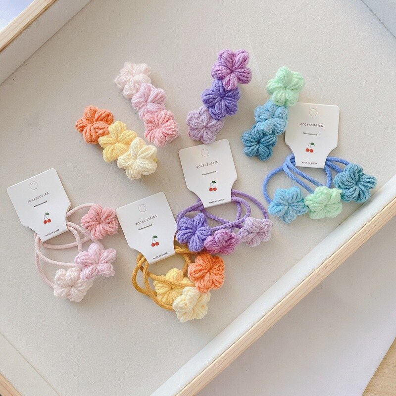 Koreaanse Gebreide Bloemen Haarspelden Elastische Haarbanden Kawaii Gradiënt Kleur Haarspeldjes Voor Meisjes Hoofddeksels Meisjes Kids Haar Accessoires