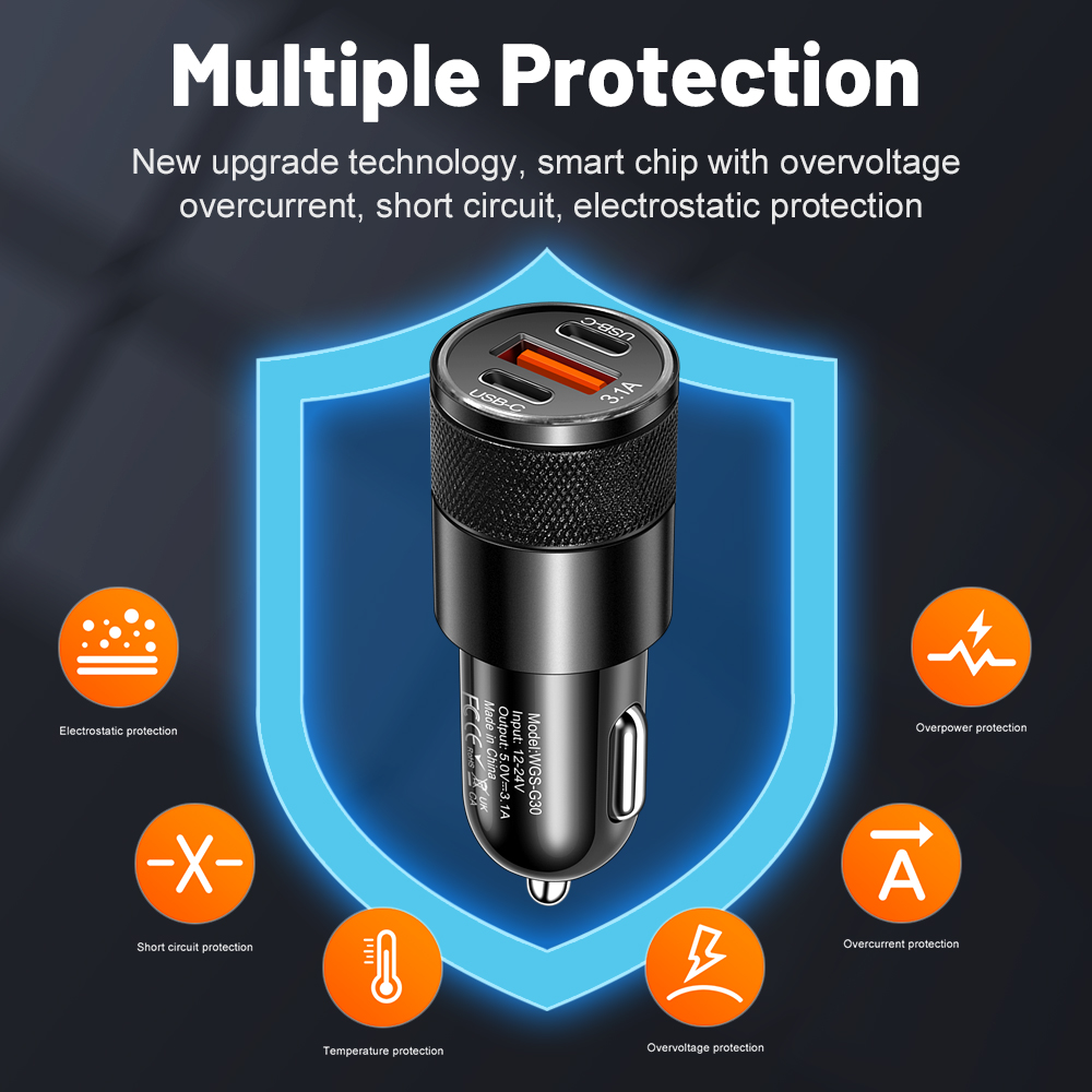 Cargador de coche 3.1A 1USB + 2 tipo C, adaptador de teléfono de carga rápida para Xiaomi, Huawei, cargador de teléfono, adaptador de coche, enchufe, encendedor de cigarrillos